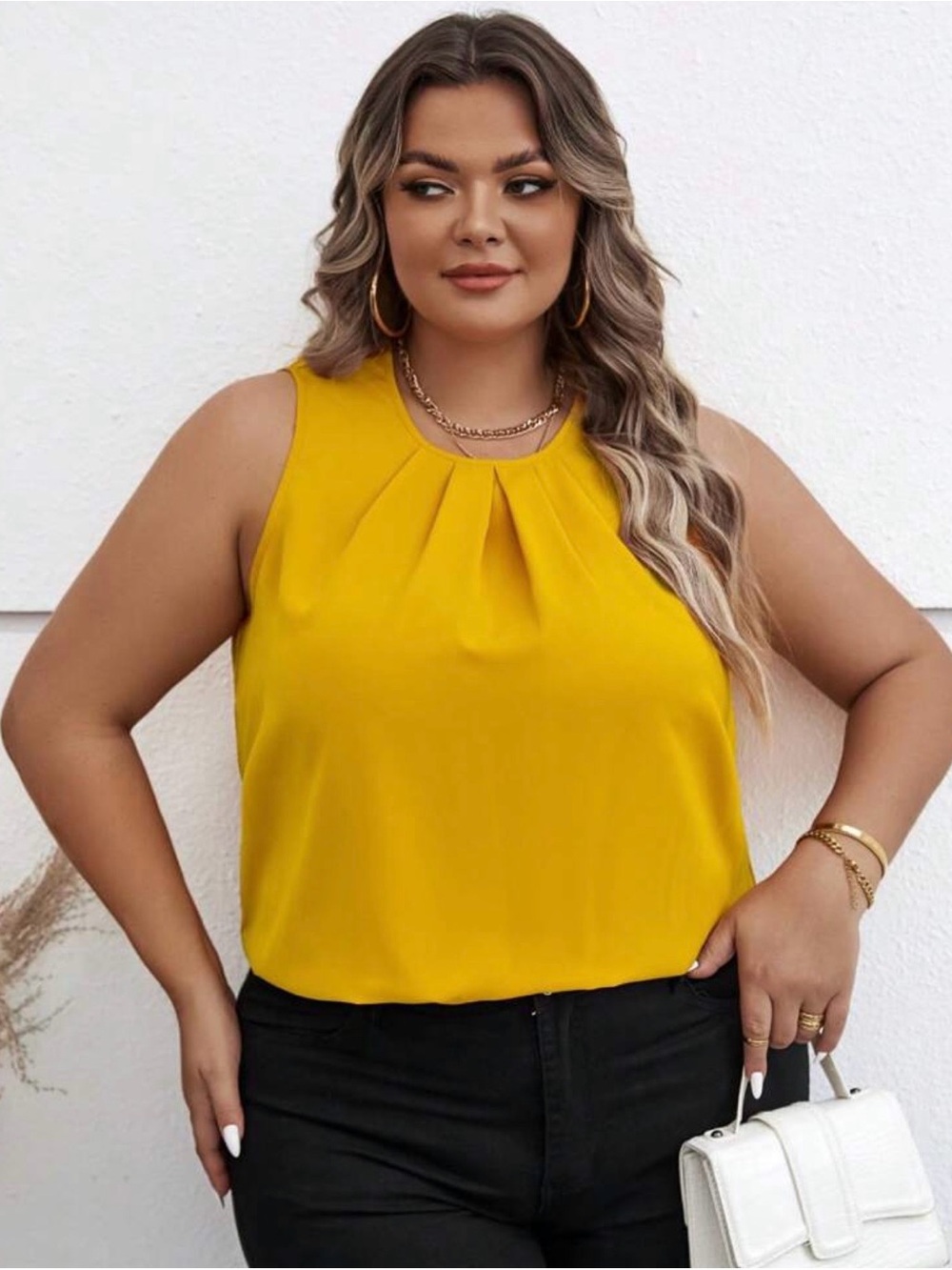 SHEIN Mustard Yellow Pleated Neck Sleeveless Top